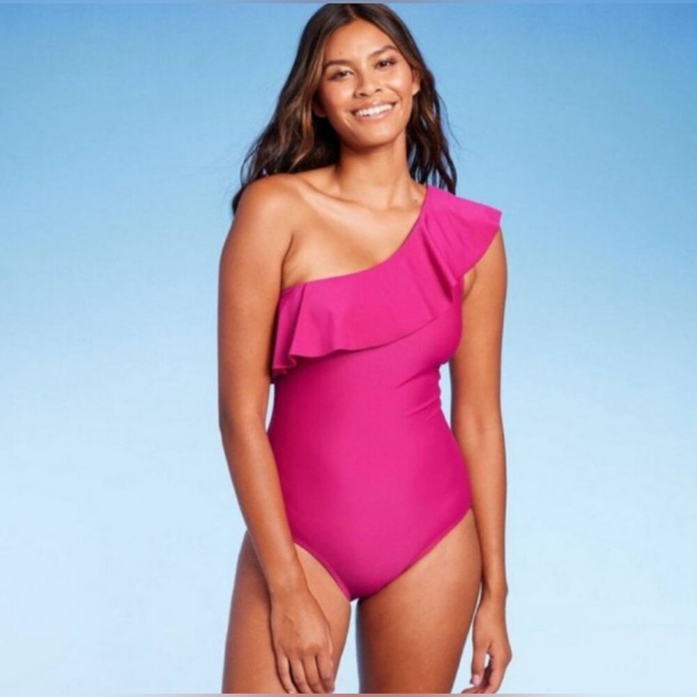 Kona Sol Pink Women’s Ruffle One Shoulder Full Coverage Size Large